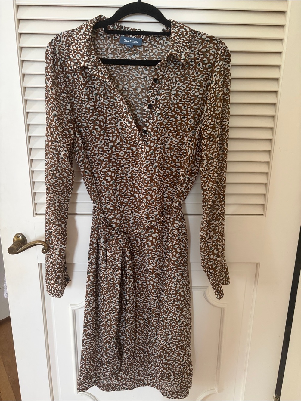 ModCloth Brown and White Long Sleeve Animal-Print Shirt Dress